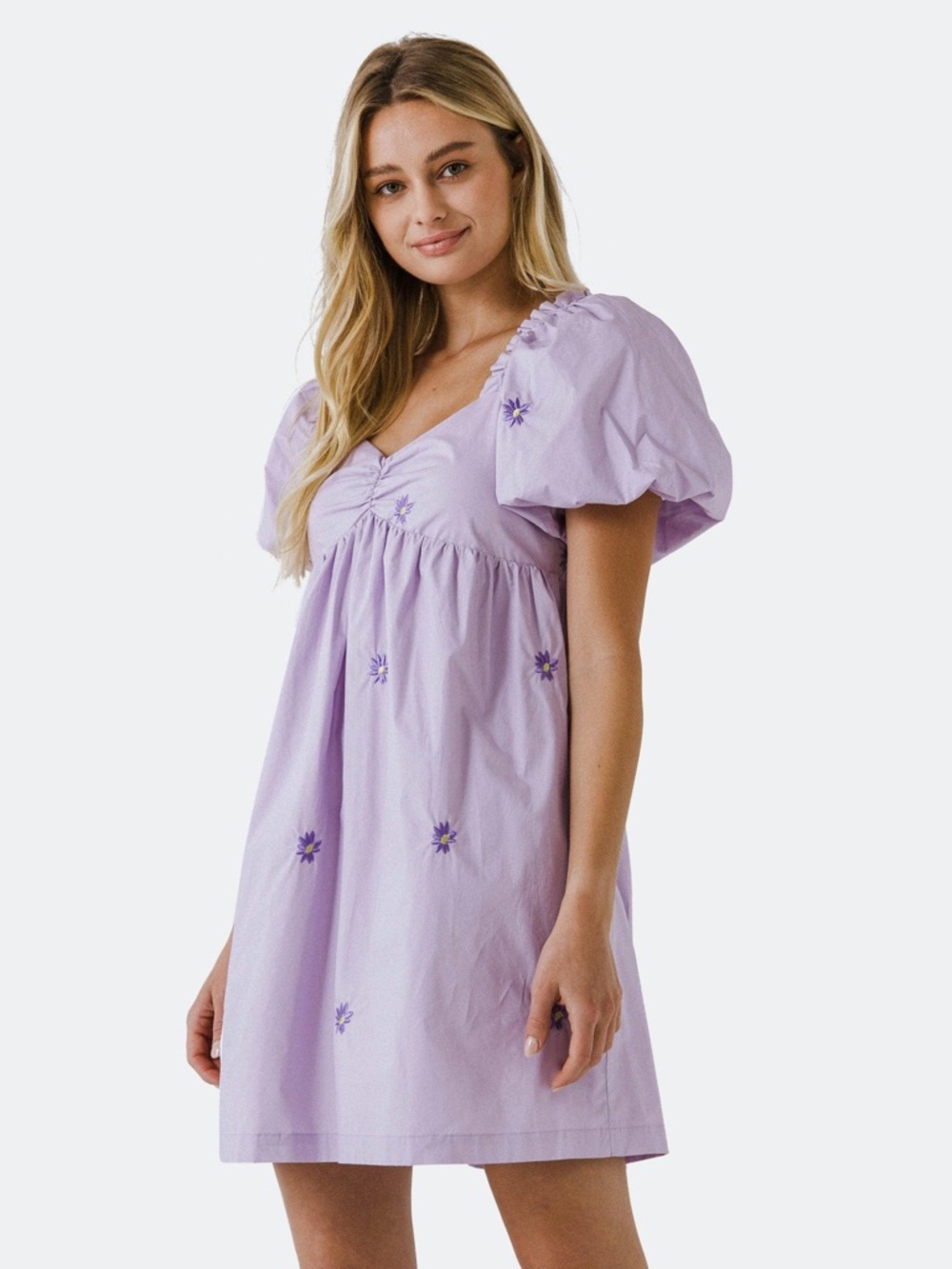 English Factory Lavender Puff-Sleeve Mini Dress with Embroidered Flowers